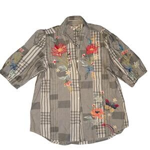 Johnny Was, Black/White, Embroidered Jordan Lisbon Puffed Sleeve Button Up- M